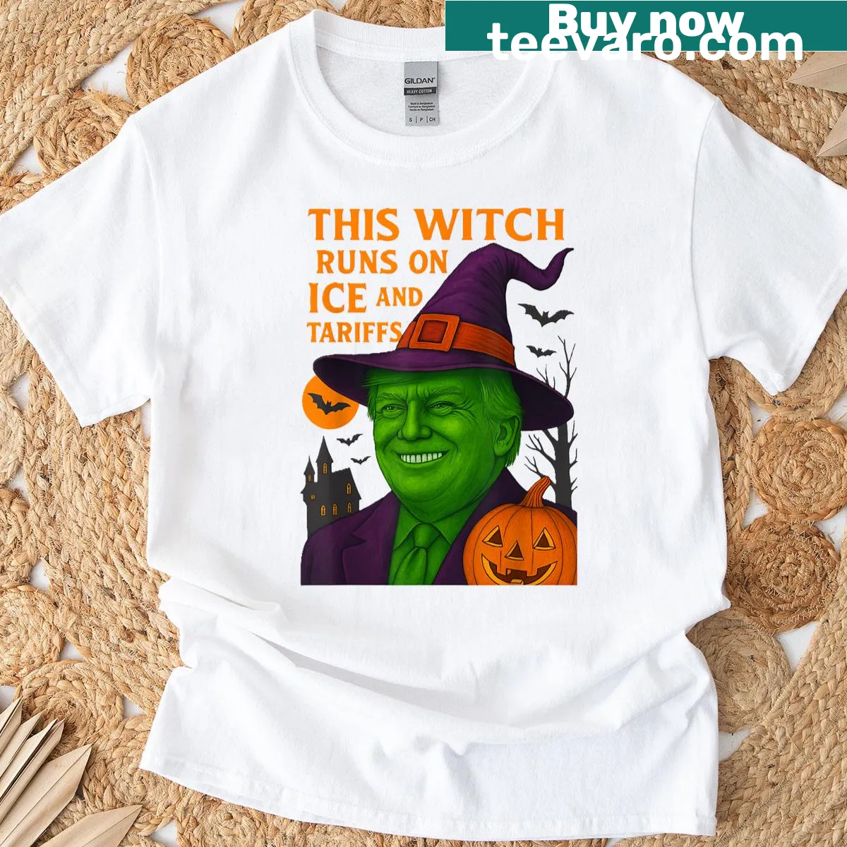 Funny Halloween t-shirt featuring a witch resembling Trump on ice with tariffs. — on a men's t-shirt