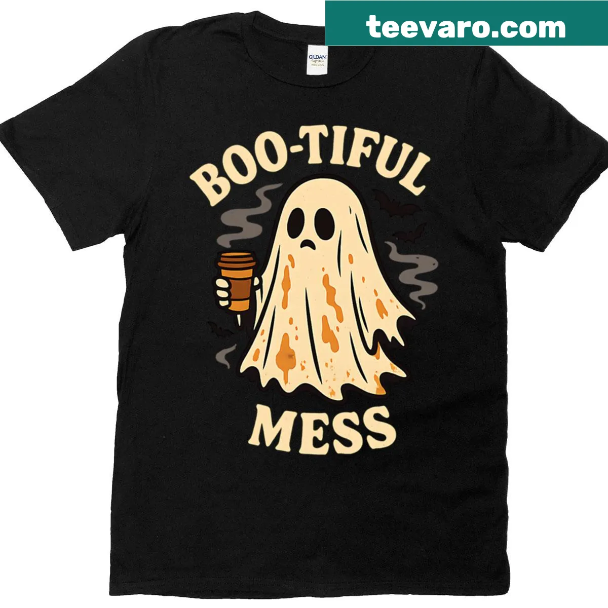 Playful ghost graphic t-shirt with chaotic Halloween theme. — on a men's t-shirt