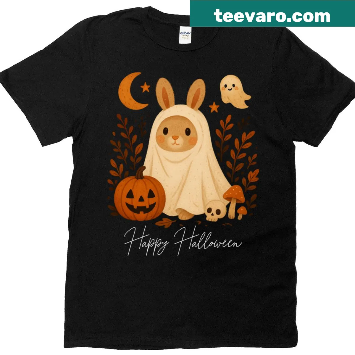 Cute ghostly bunny illustration for Halloween — on a men's t-shirt