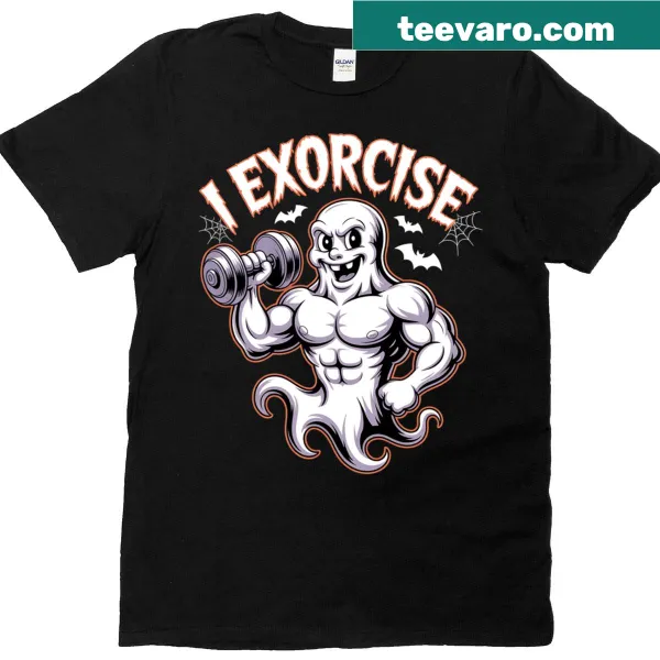 Funny gym T-shirt with ghost graphic and 'I Exorcise' text