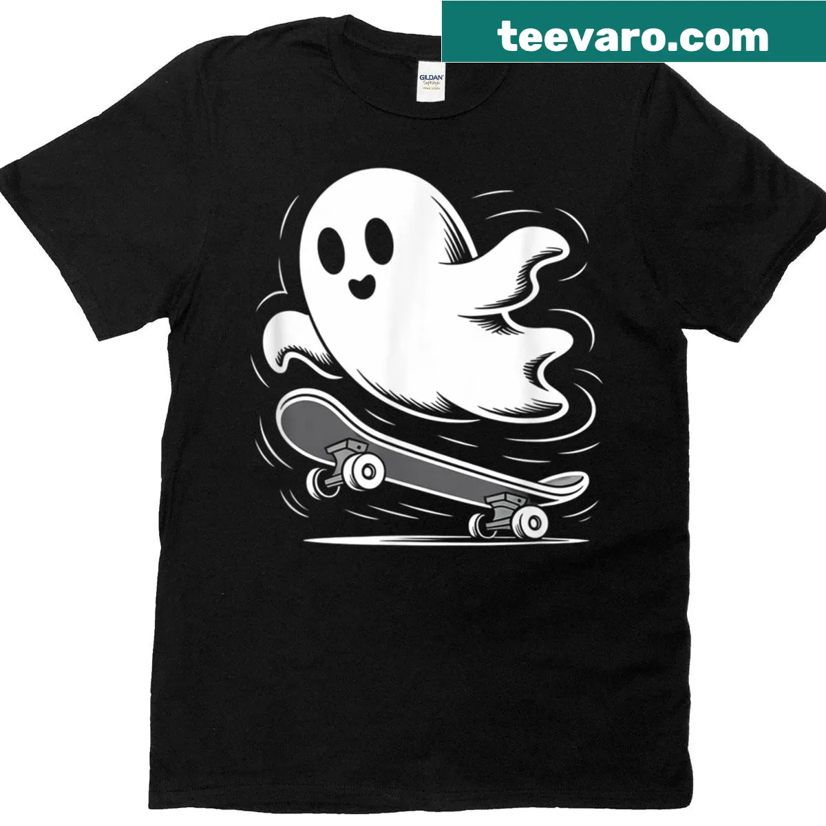 Cool Halloween t-shirt with a ghost skating on a skateboard design — on a men's t-shirt