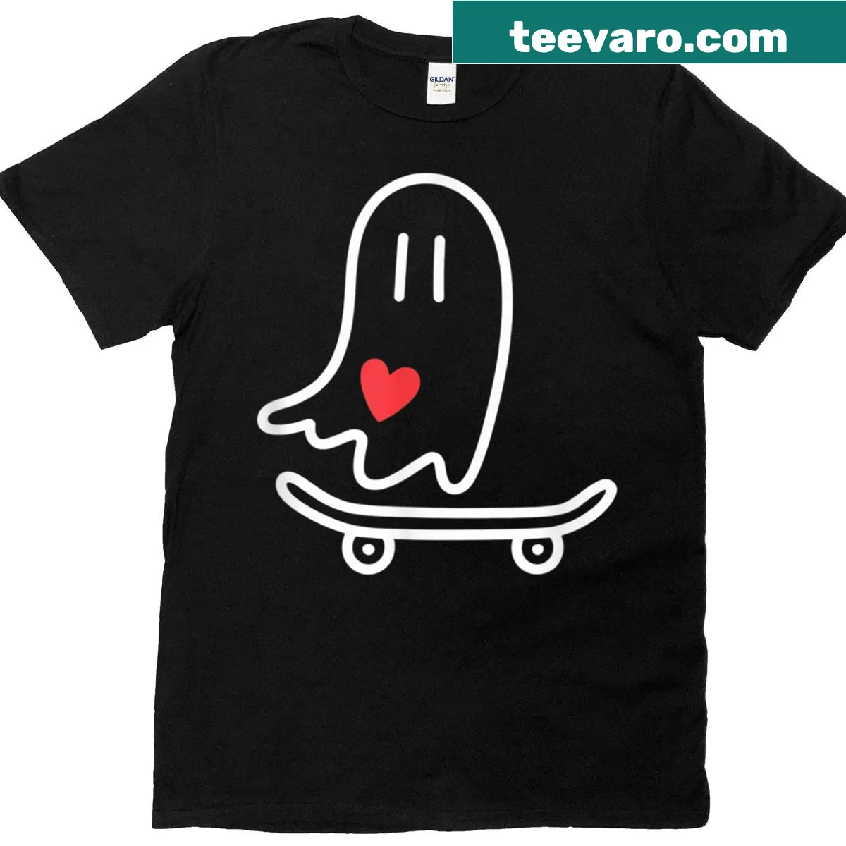 Cartoon ghost on a skateboard design for Halloween — on a men's t-shirt