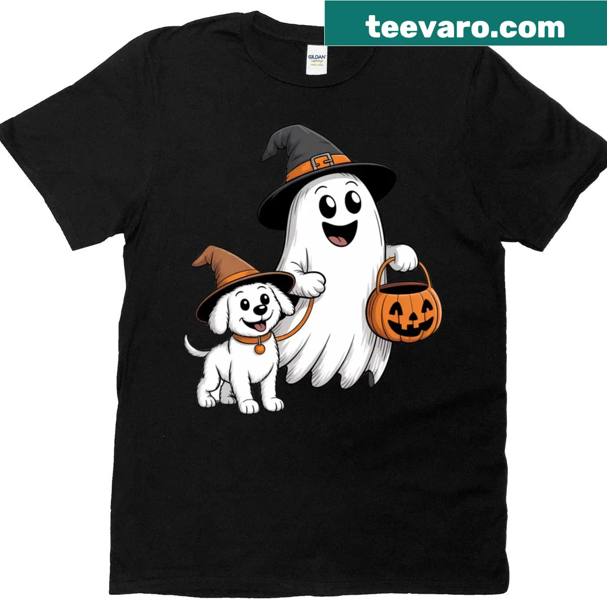 Cute Halloween design with a ghost walking a dog in witch hats — on a men's t-shirt