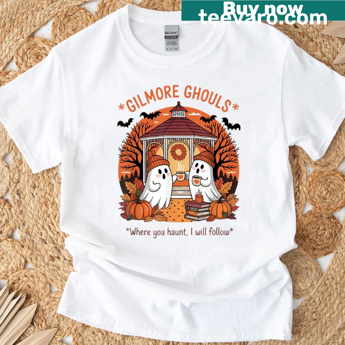 Playful Halloween t-shirt with ghoulish typography and ghost imagery. — on a men's t-shirt