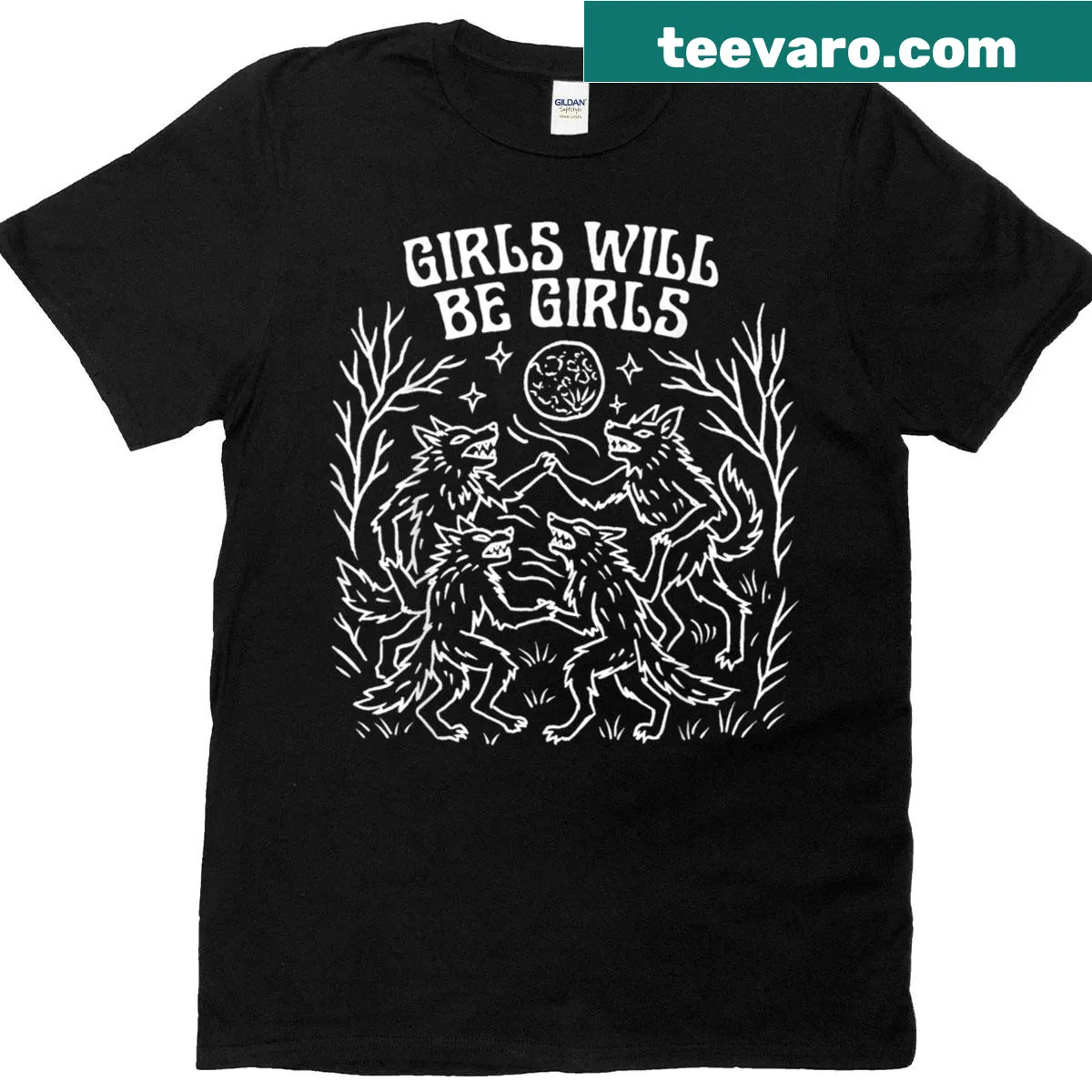 Witch and werewolf design celebrating girls for Halloween — on a men's t-shirt