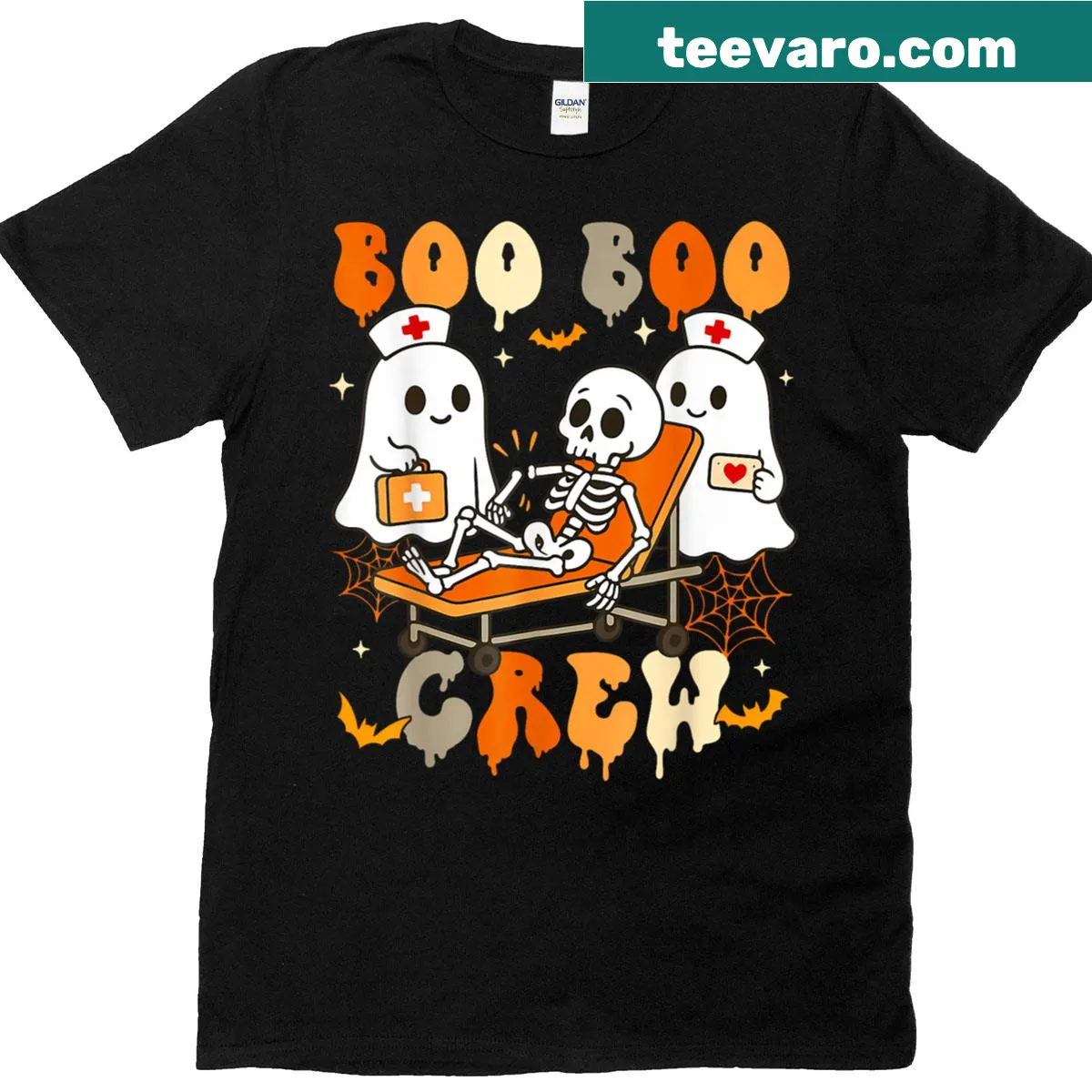 Funny Halloween nurse T-shirt with ghost design and text — on a men's t-shirt