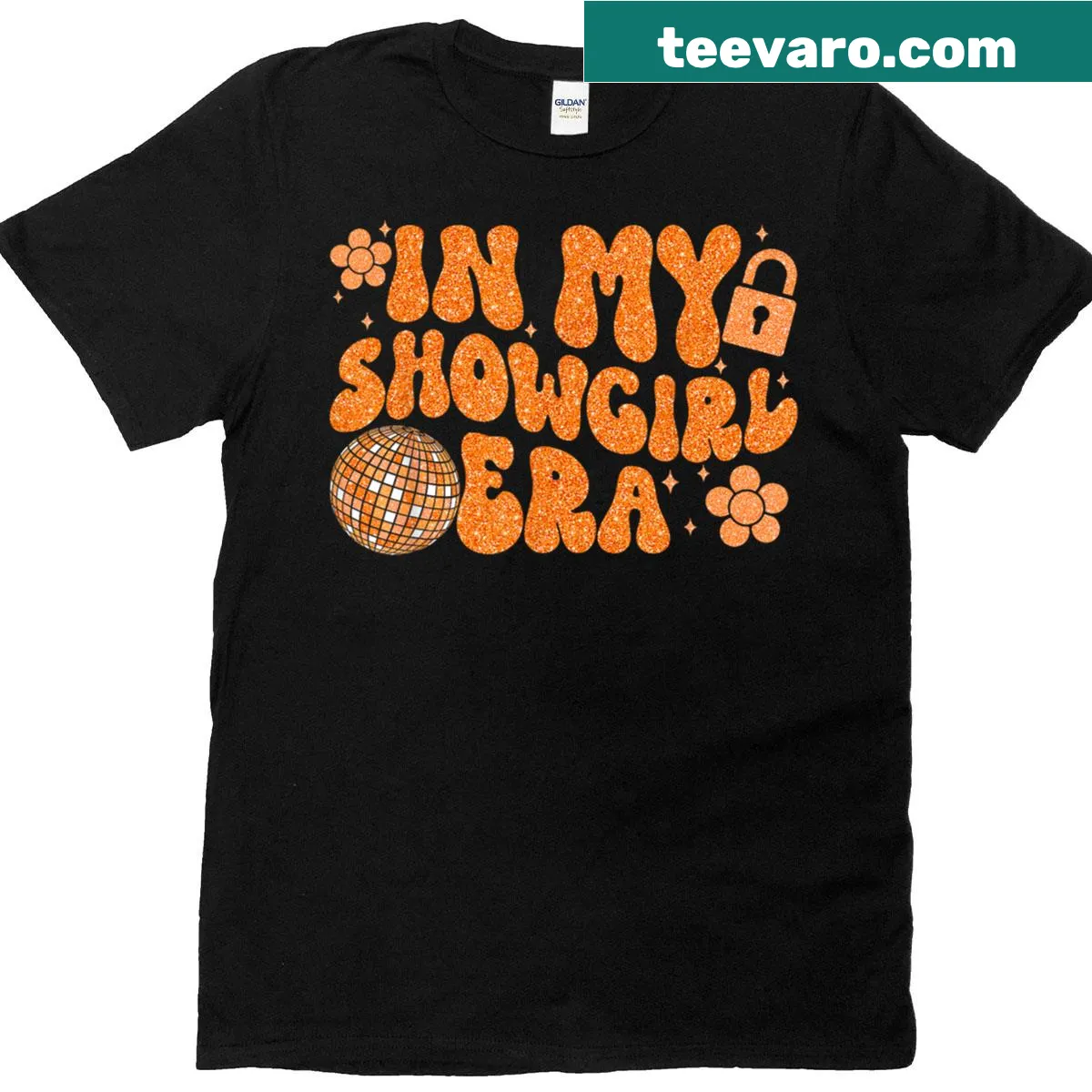 Funny t-shirt featuring 'Groovy In My Showgirl Era' text for women — on a men's t-shirt