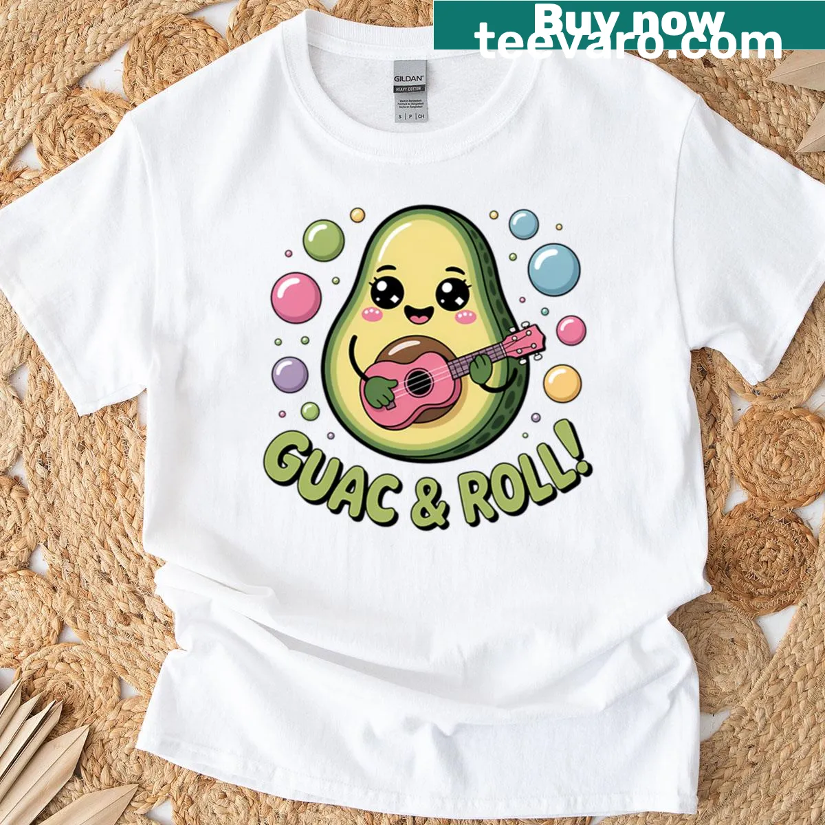 Cute avocado graphic with the pun 'Guac And Roll' in playful typography — on a men's t-shirt
