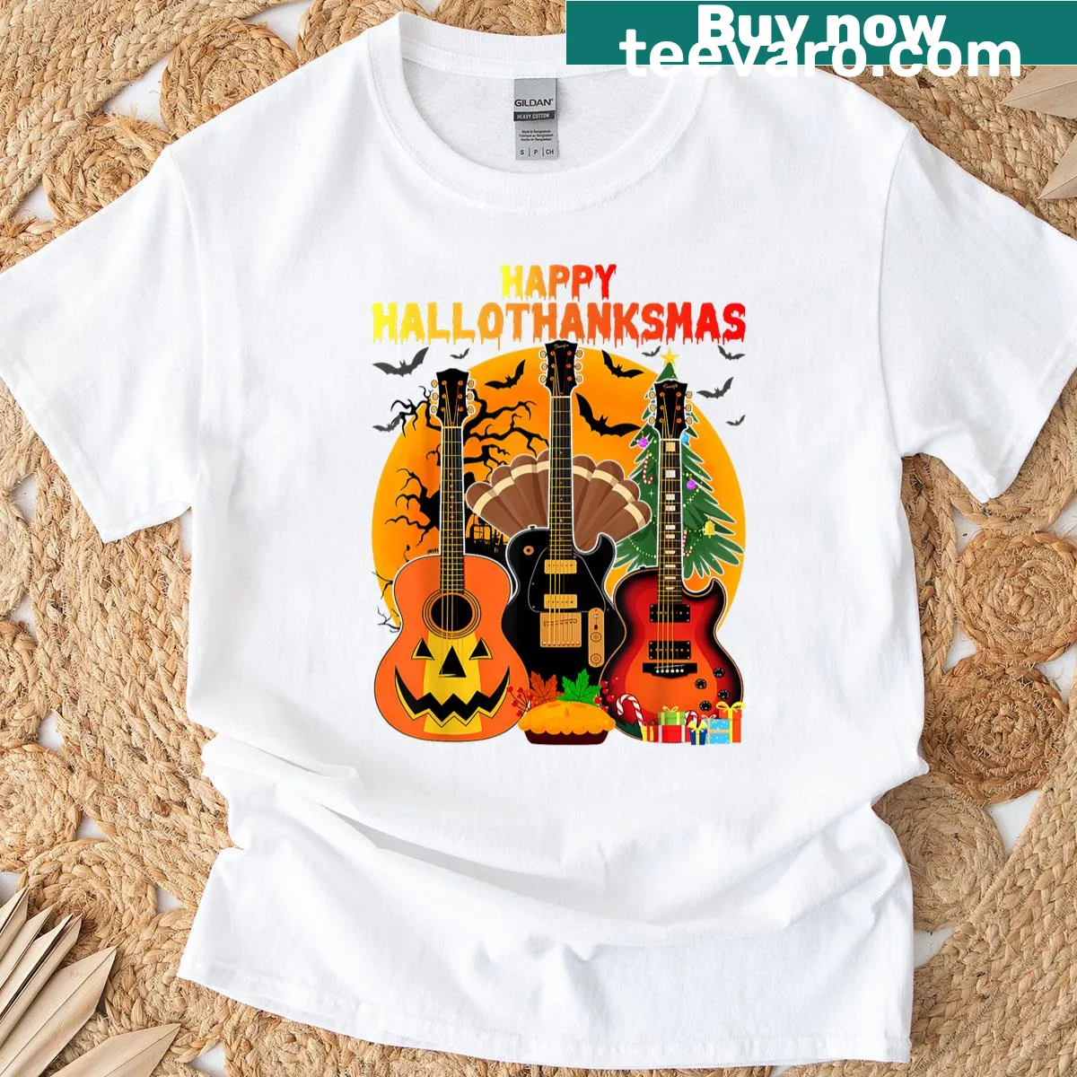 Holiday-themed shirt featuring a guitar and Hallothanksmas text. — on a men's t-shirt