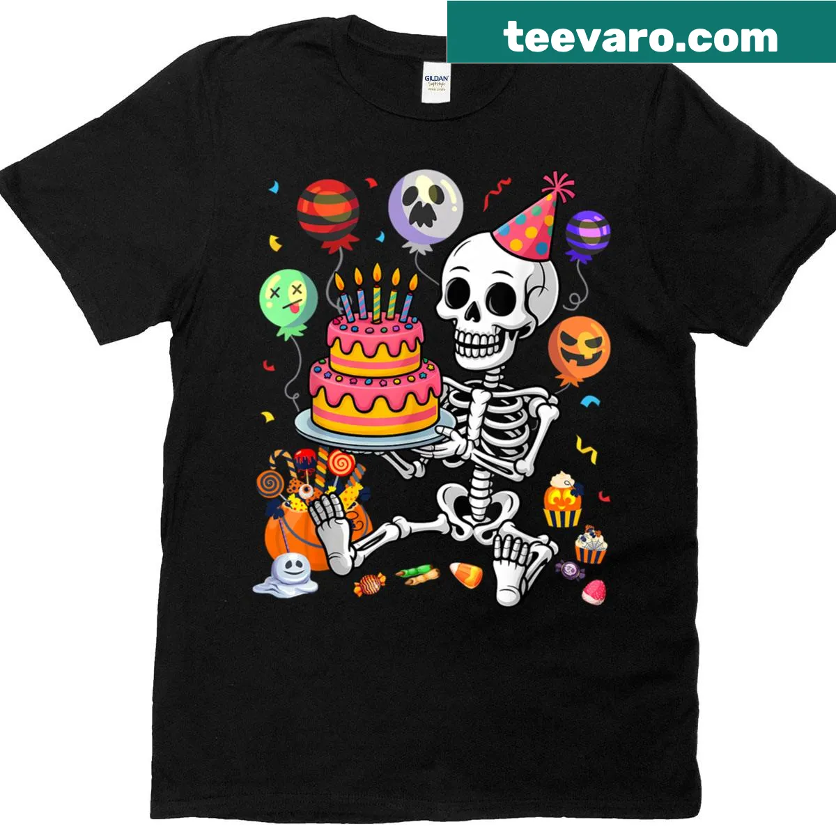 Playful skeleton birthday t-shirt designed for Halloween parties — on a men's t-shirt