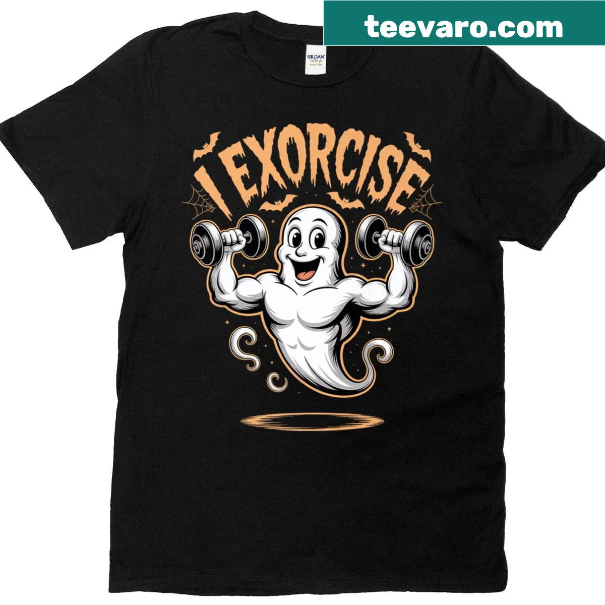Funny ghost lifting weights on Halloween t-shirt — on a men's t-shirt