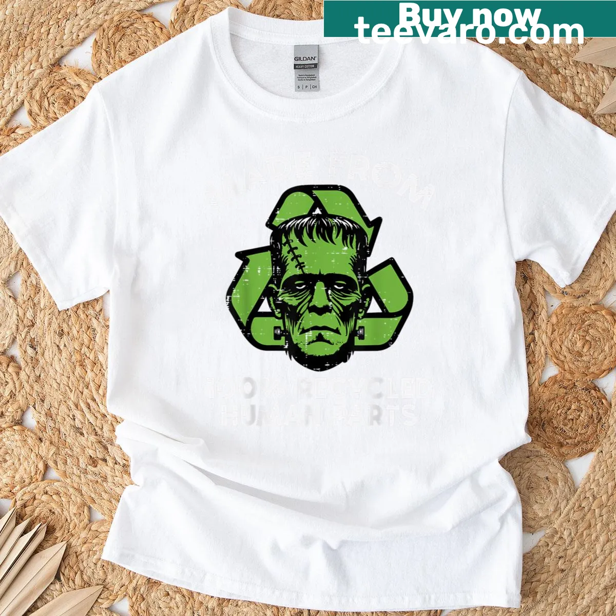 Halloween-themed t-shirt featuring a playful Frankenstein design — on a men's t-shirt