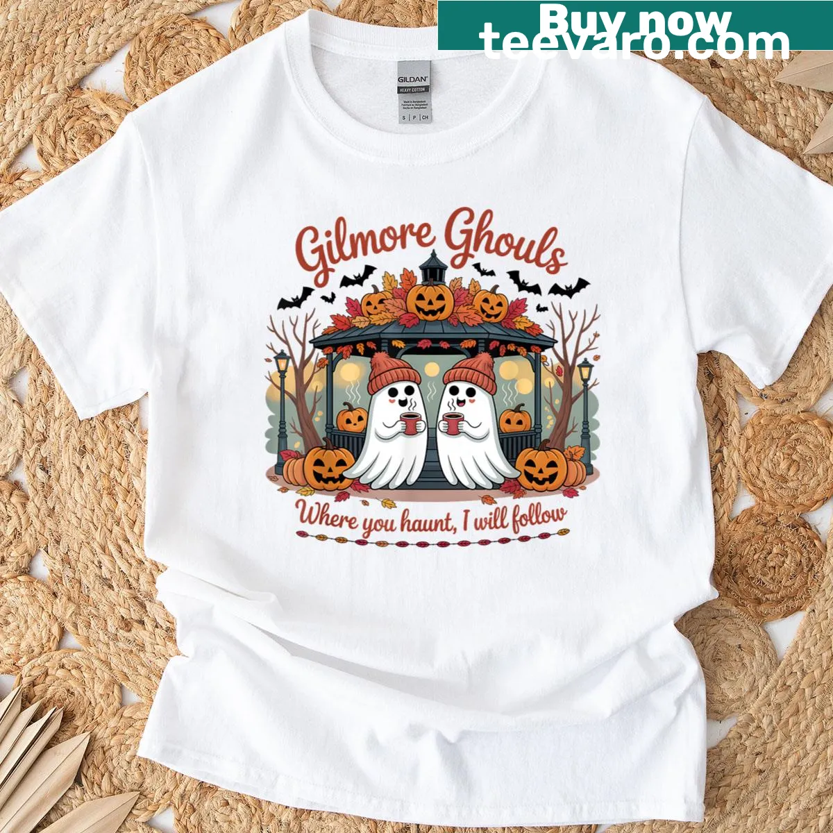 Halloween t-shirt with ghost theme and text 'Where You Haunt I Will Follow'. — on a men's t-shirt