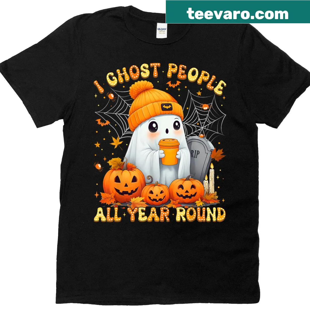 Humorous t-shirt with the phrase 'I Ghost People All Year Round' for coffee lovers. — on a men's t-shirt