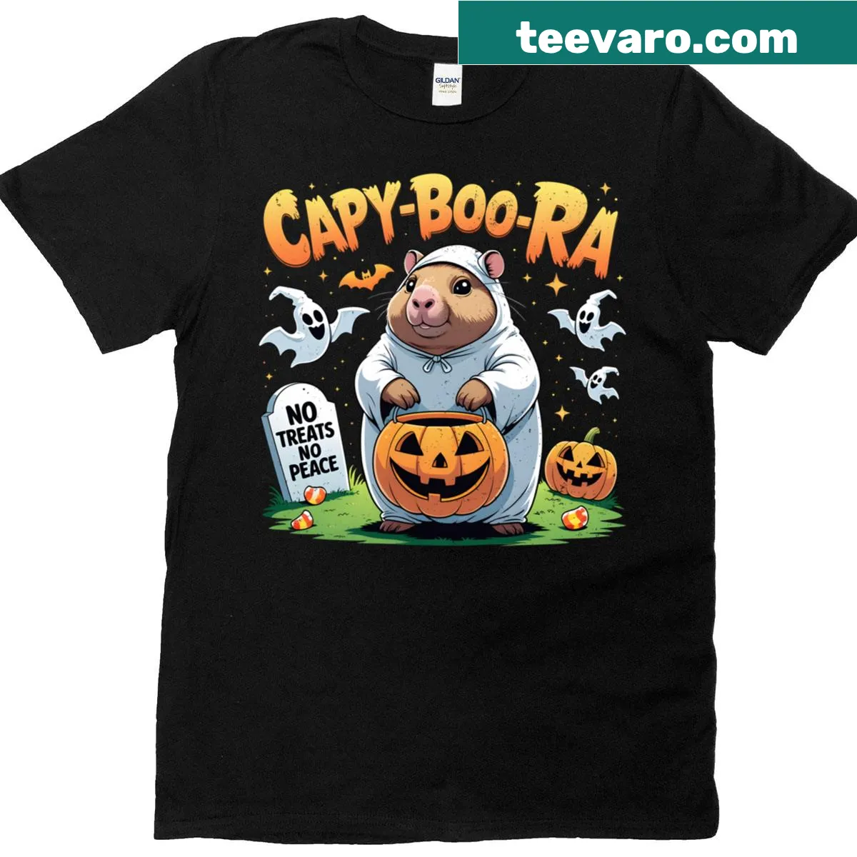 Halloween T-shirt with a ghostly capybara and pumpkin — on a men's t-shirt
