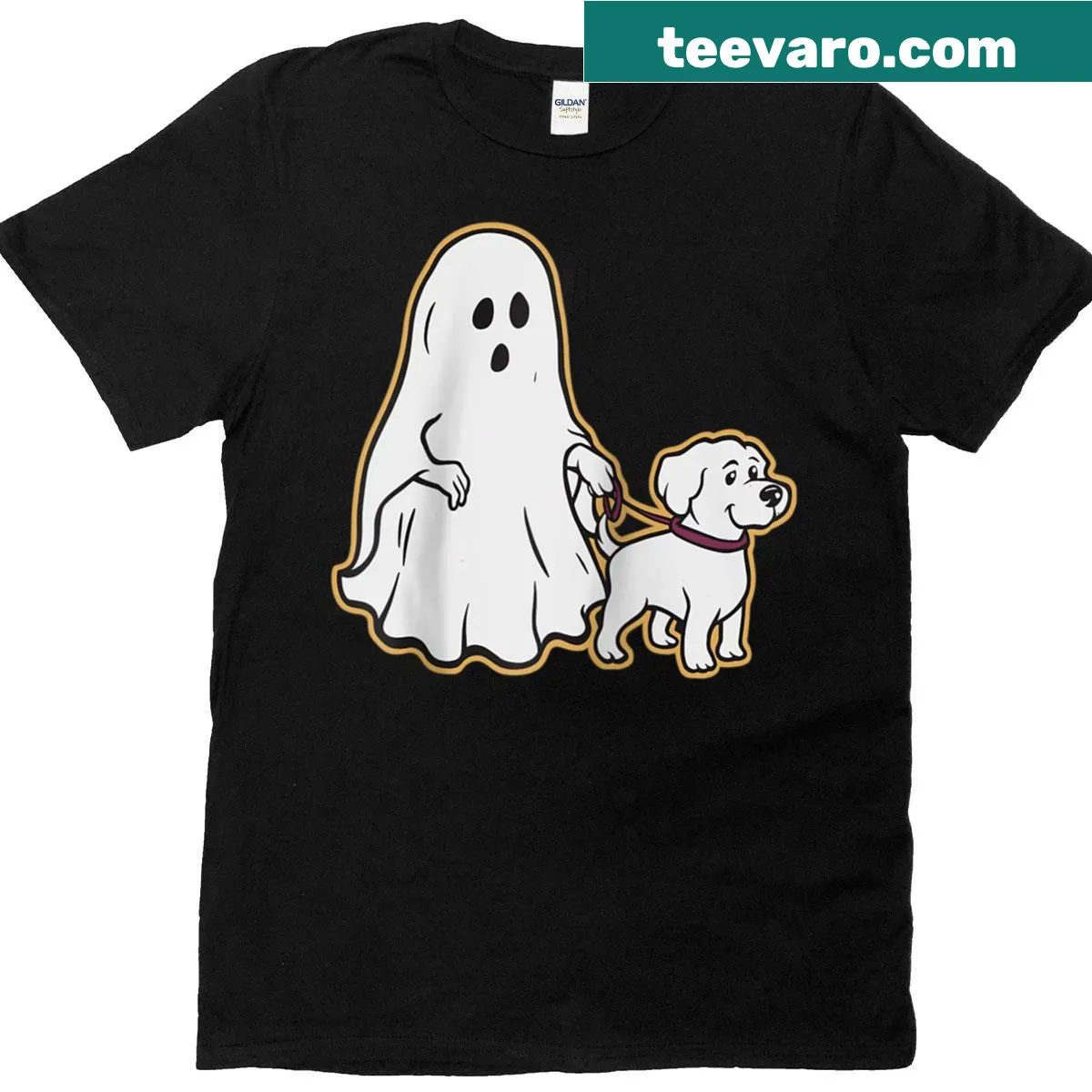 Halloween raglan tee featuring a ghost and a puppy costume illustration — on a men's t-shirt