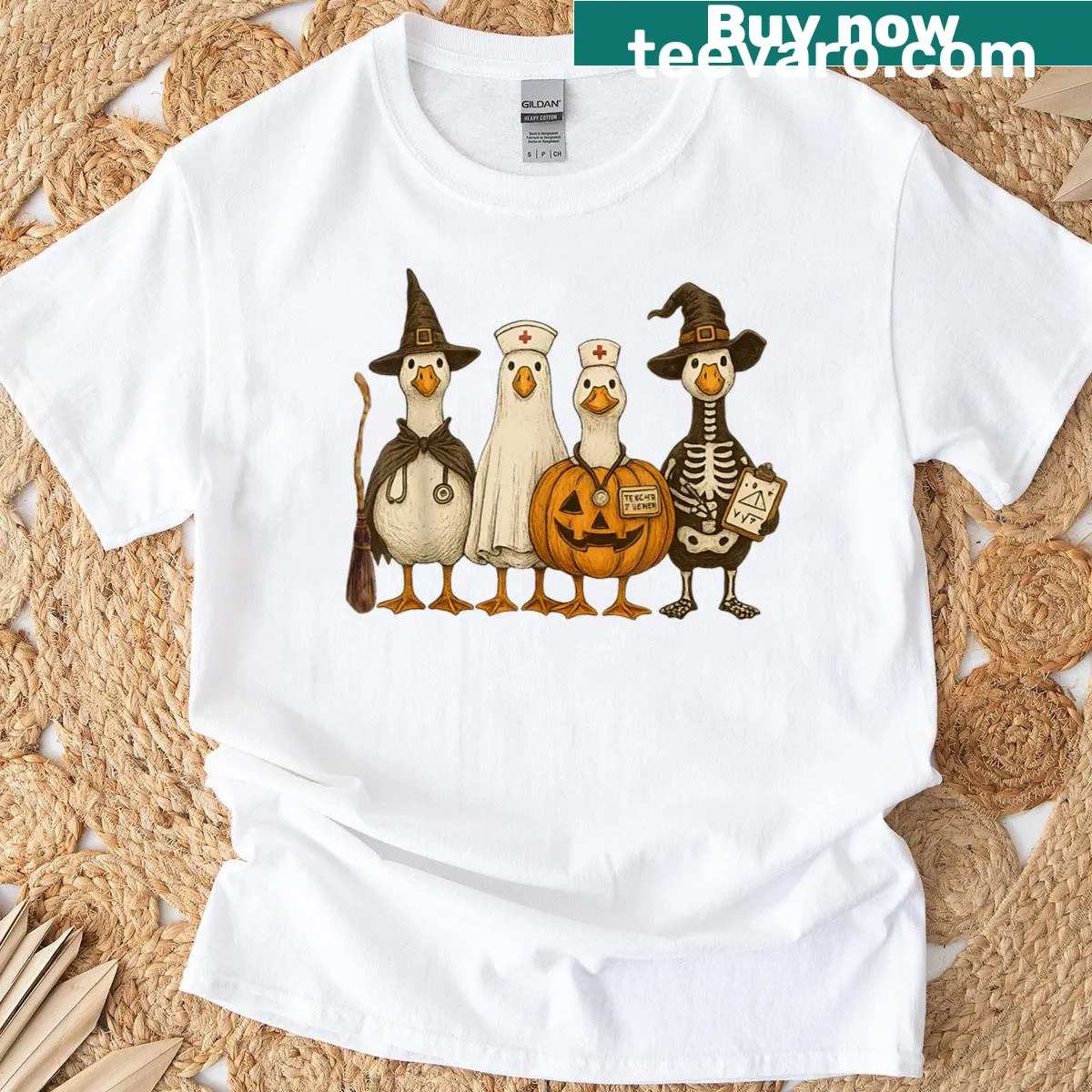 Whimsical Halloween t-shirt with goose witch and pumpkins — on a men's t-shirt