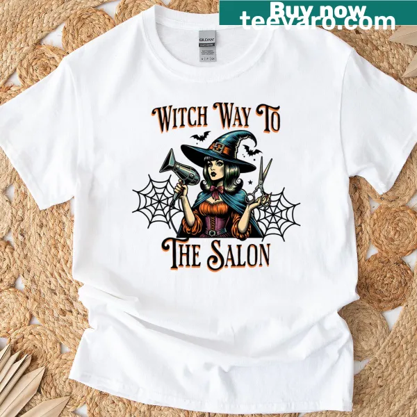 Halloween Hair Stylist T-shirt with witch illustration