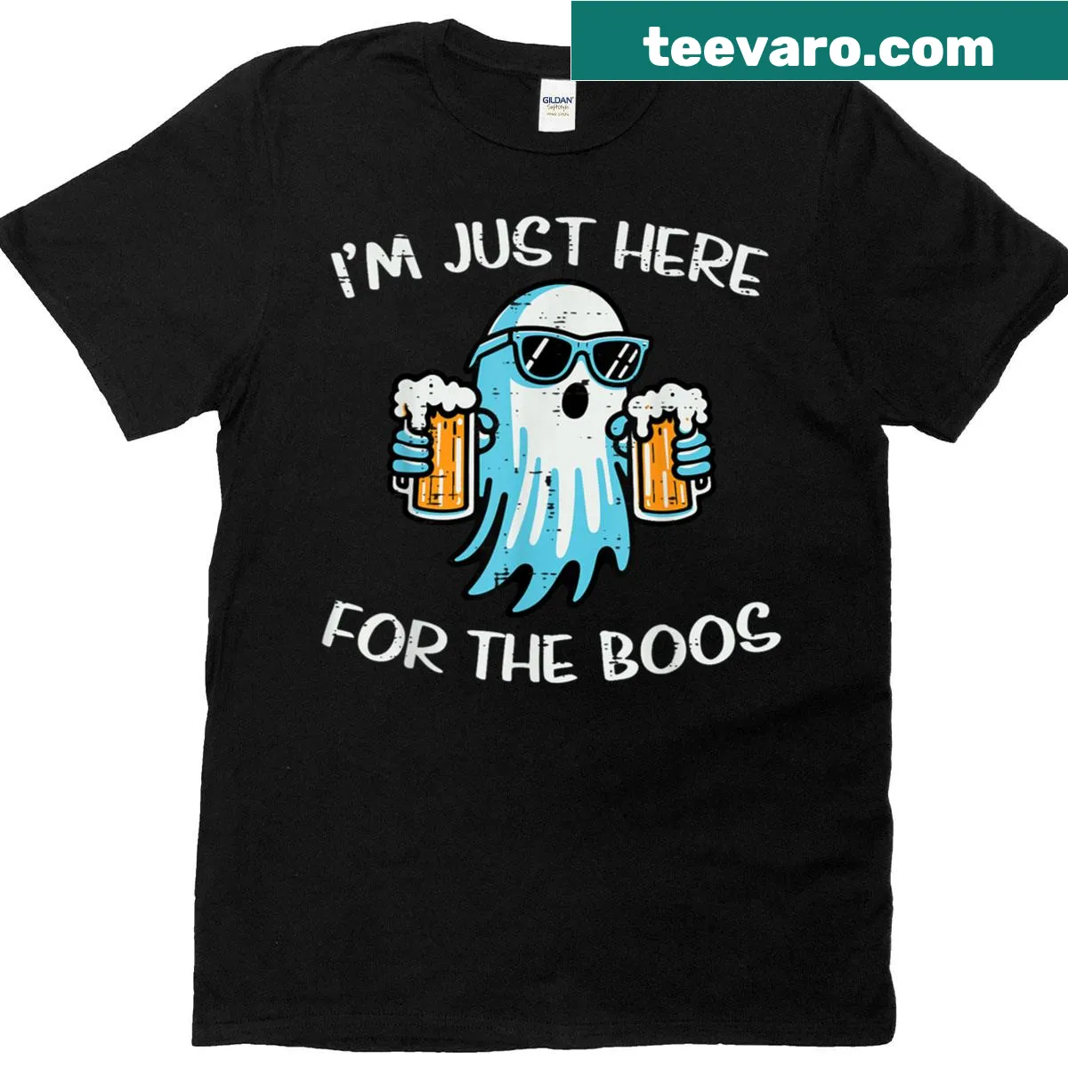 Funny ghost t-shirt with 'Here For Boos' text — on a men's t-shirt