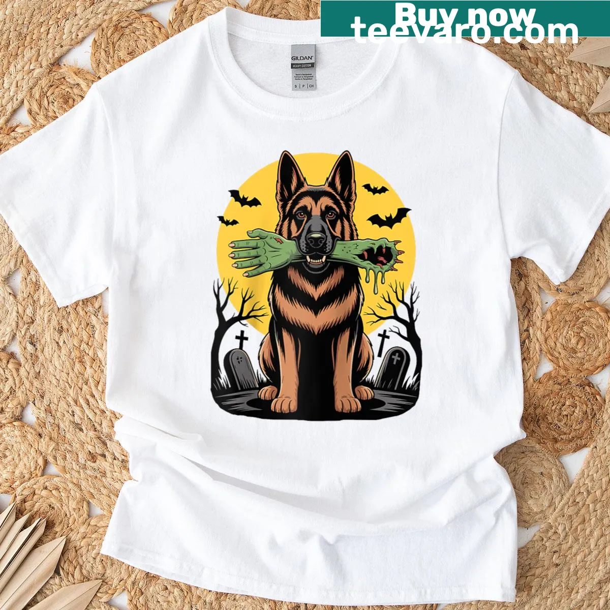 Zombie German Shepherd Halloween tee with moon design — on a men's t-shirt
