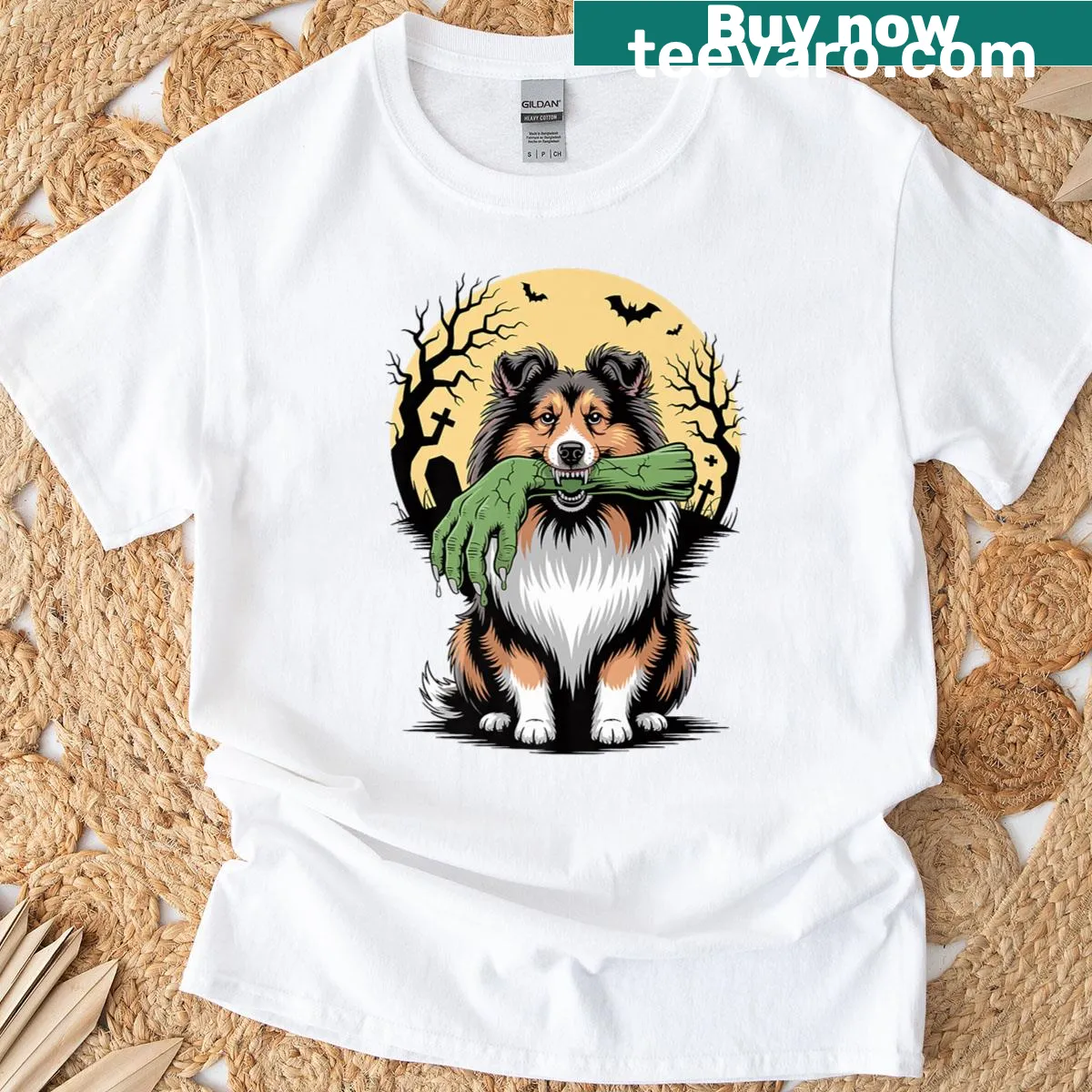 Shetland Sheepdog with a zombie hand and moon in Halloween theme — on a men's t-shirt