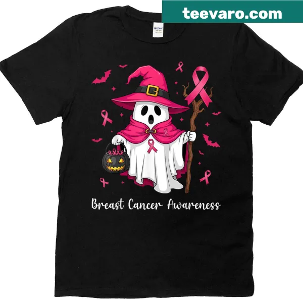 Cute T-shirt with a pink ghost witch graphic for breast cancer awareness