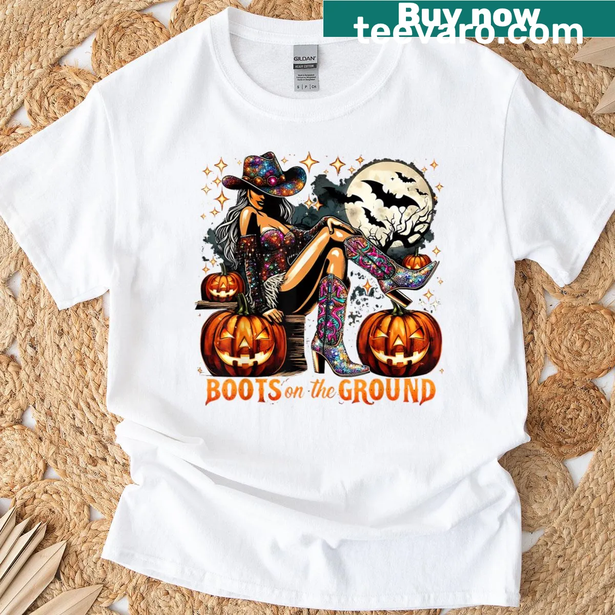 Illustrated pumpkin with cowgirl boots design on Halloween shirt — on a men's t-shirt