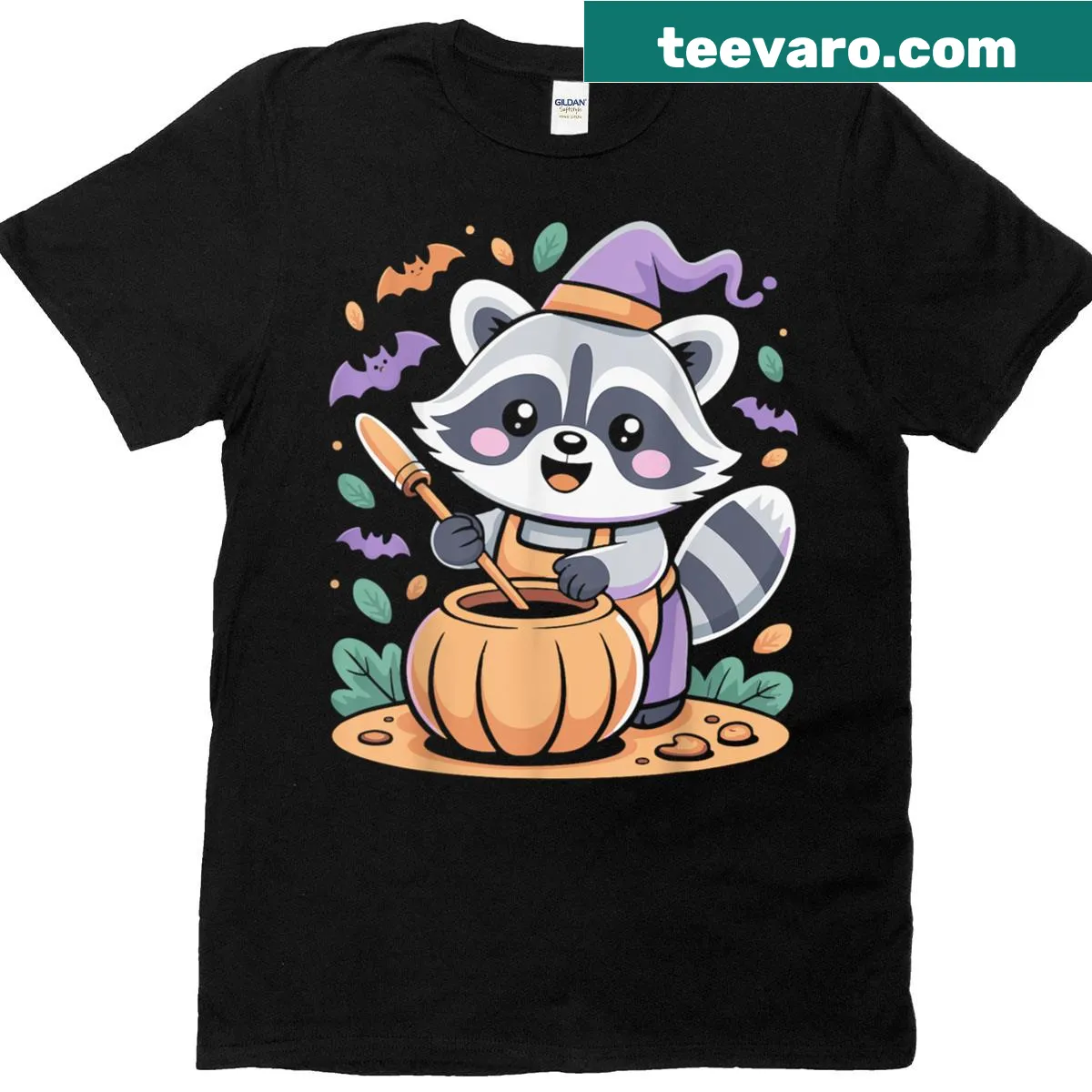Illustrated Halloween t-shirt featuring a raccoon and pumpkins — on a men's t-shirt
