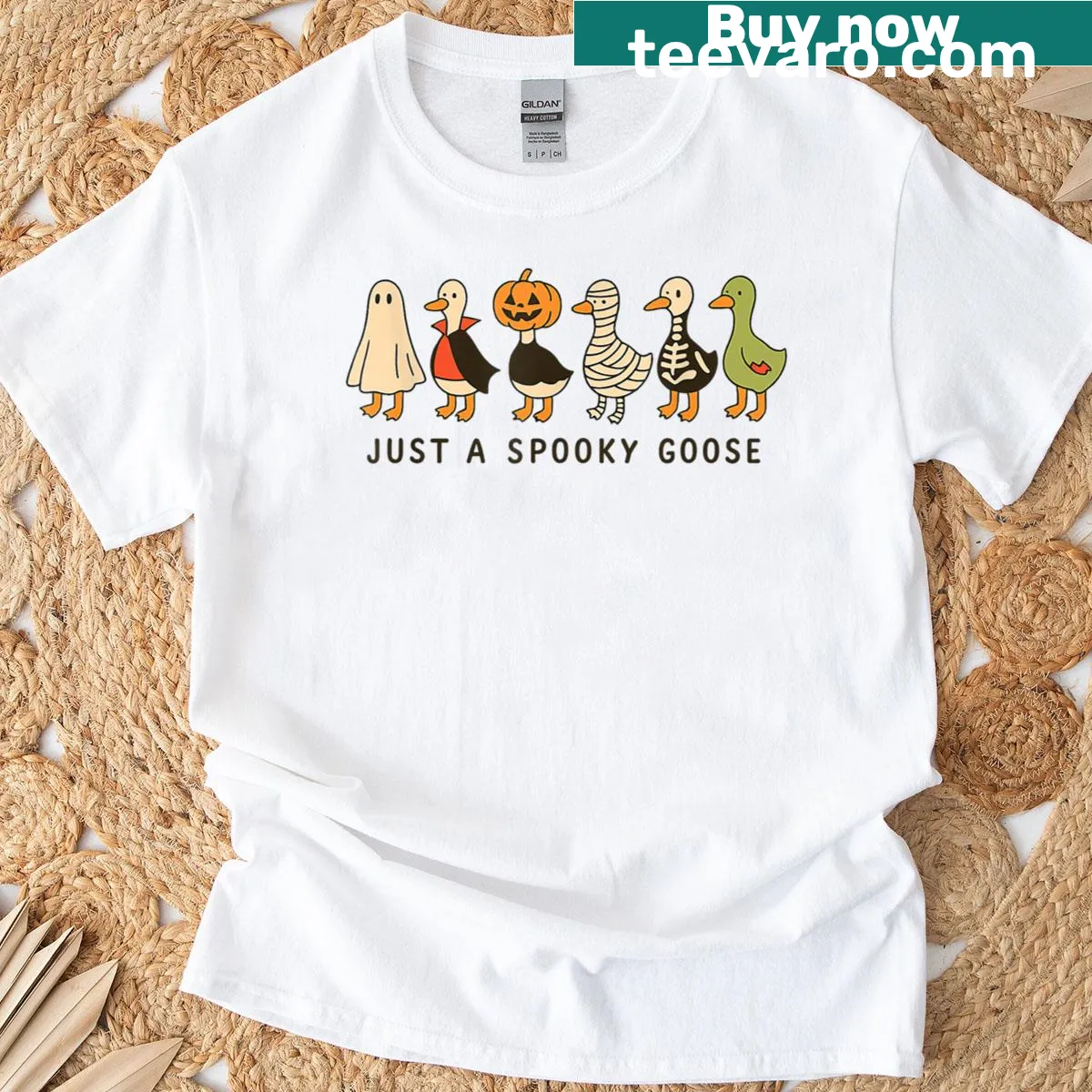 Cartoon graphic of a silly goose for Halloween on a T-shirt. — on a men's t-shirt