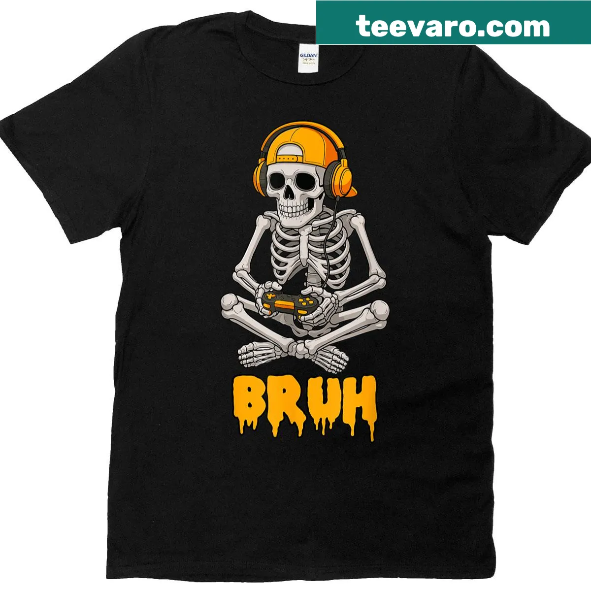 Funny skeleton gamer t-shirt with gaming and Bruh text — on a men's t-shirt