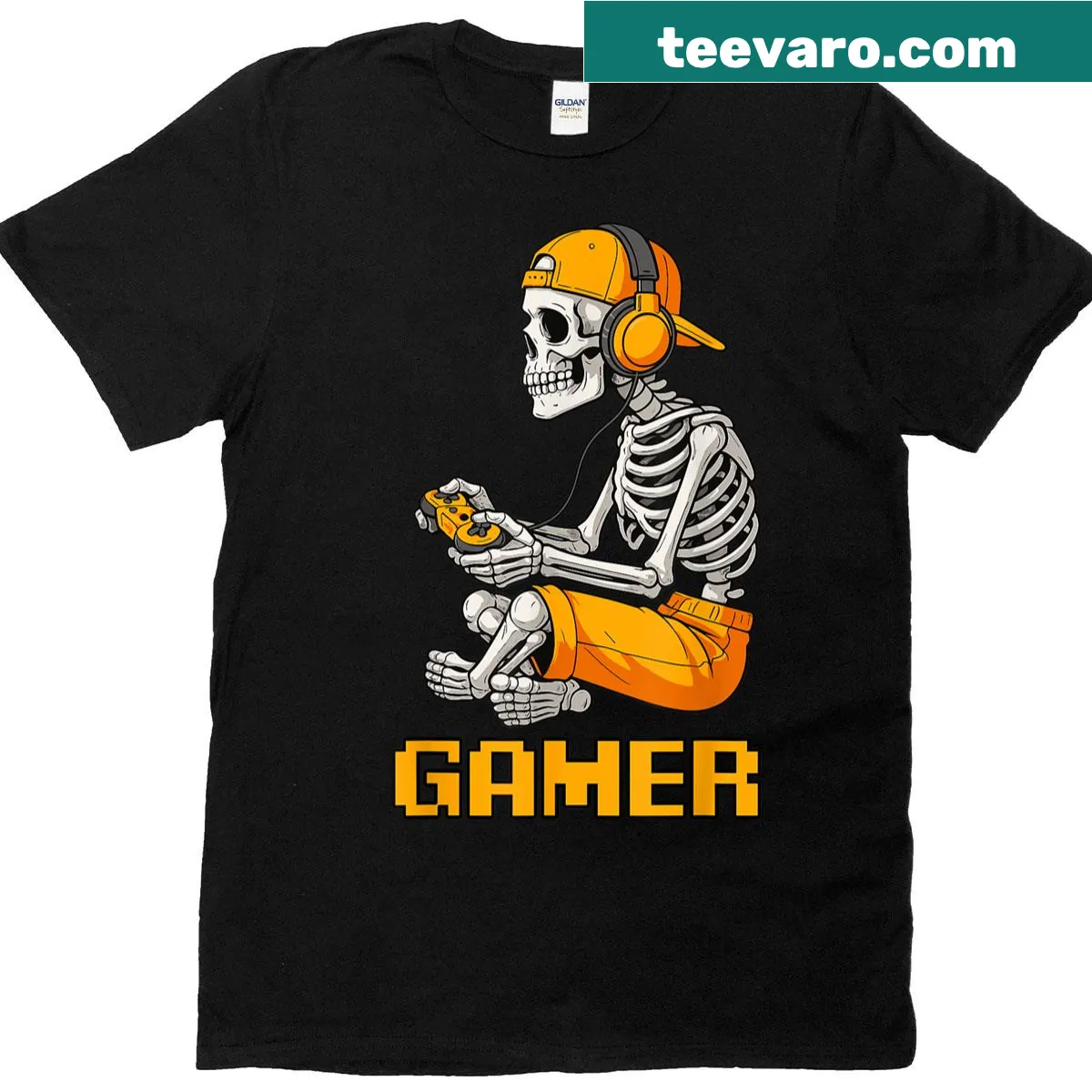 Halloween gaming t-shirt featuring a funny skeleton gamer — on a men's t-shirt