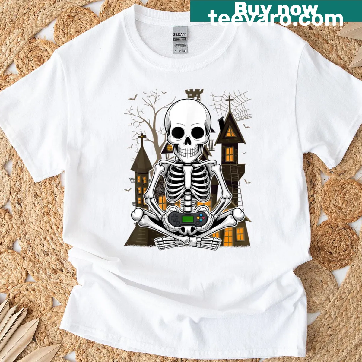 Skeleton gaming graphic on a Halloween-themed t-shirt for gamers — on a men's t-shirt
