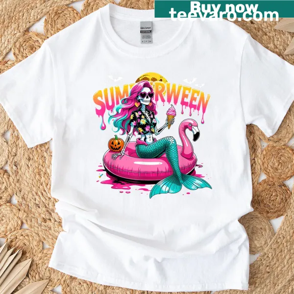 T-shirt featuring a cartoon mermaid skeleton for Halloween