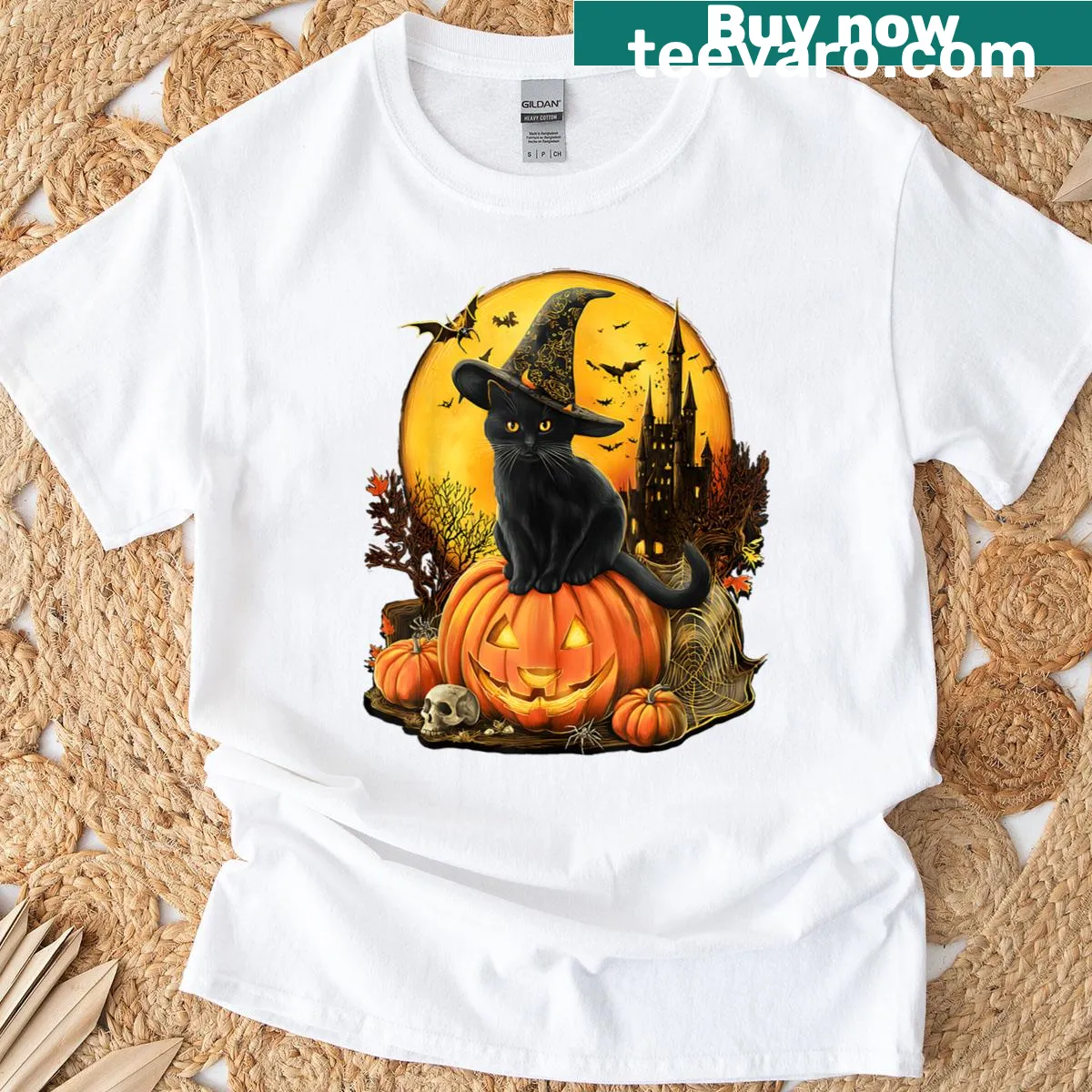 Vintage Halloween t-shirt featuring a cute ghost, black cat, and pumpkins — on a men's t-shirt
