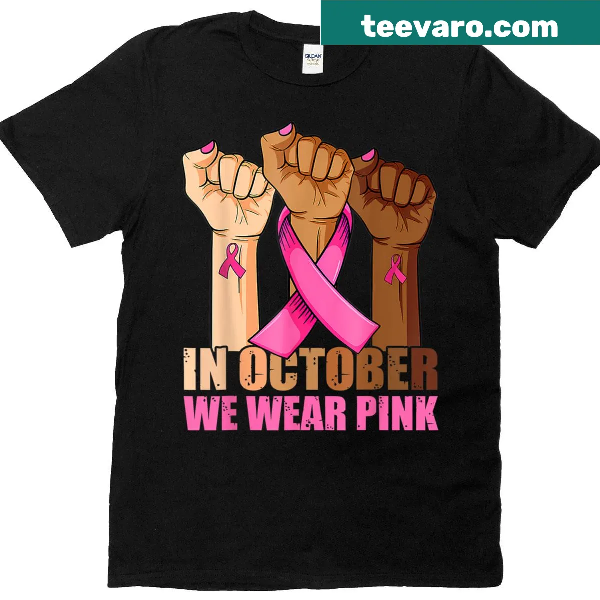 Breast cancer awareness t-shirt with the phrase 'In October We Wear Pink' — on a men's t-shirt
