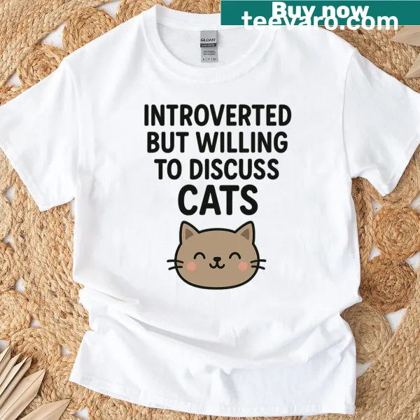Cute cat illustration with 'Happiness Is A Warm Cat' quote on a t-shirt