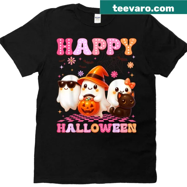 Cute Halloween T-shirt with a black cat and 'Happy Halloween' text