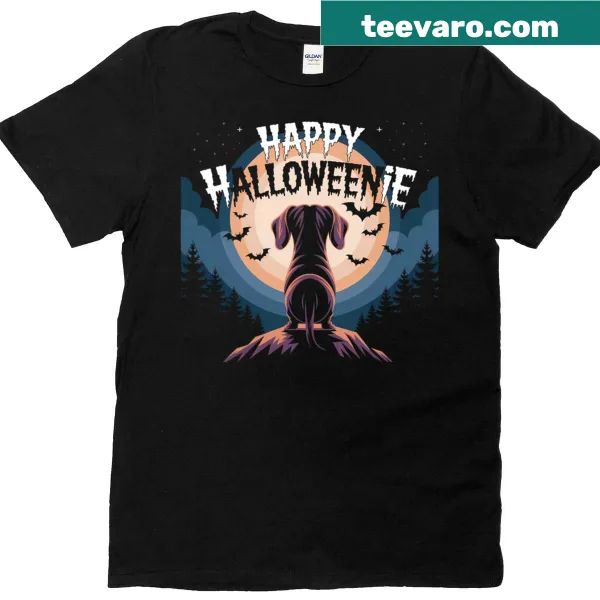Cartoon dachshund Halloween t-shirt with a moon design