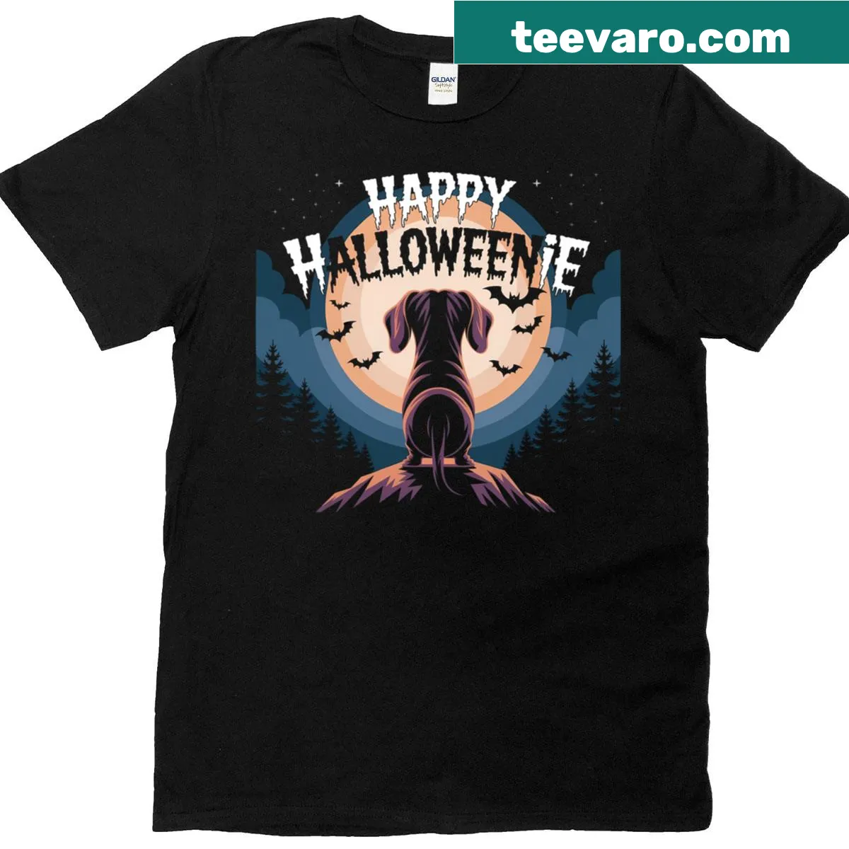 Cartoon dachshund Halloween t-shirt with a moon design — on a men's t-shirt