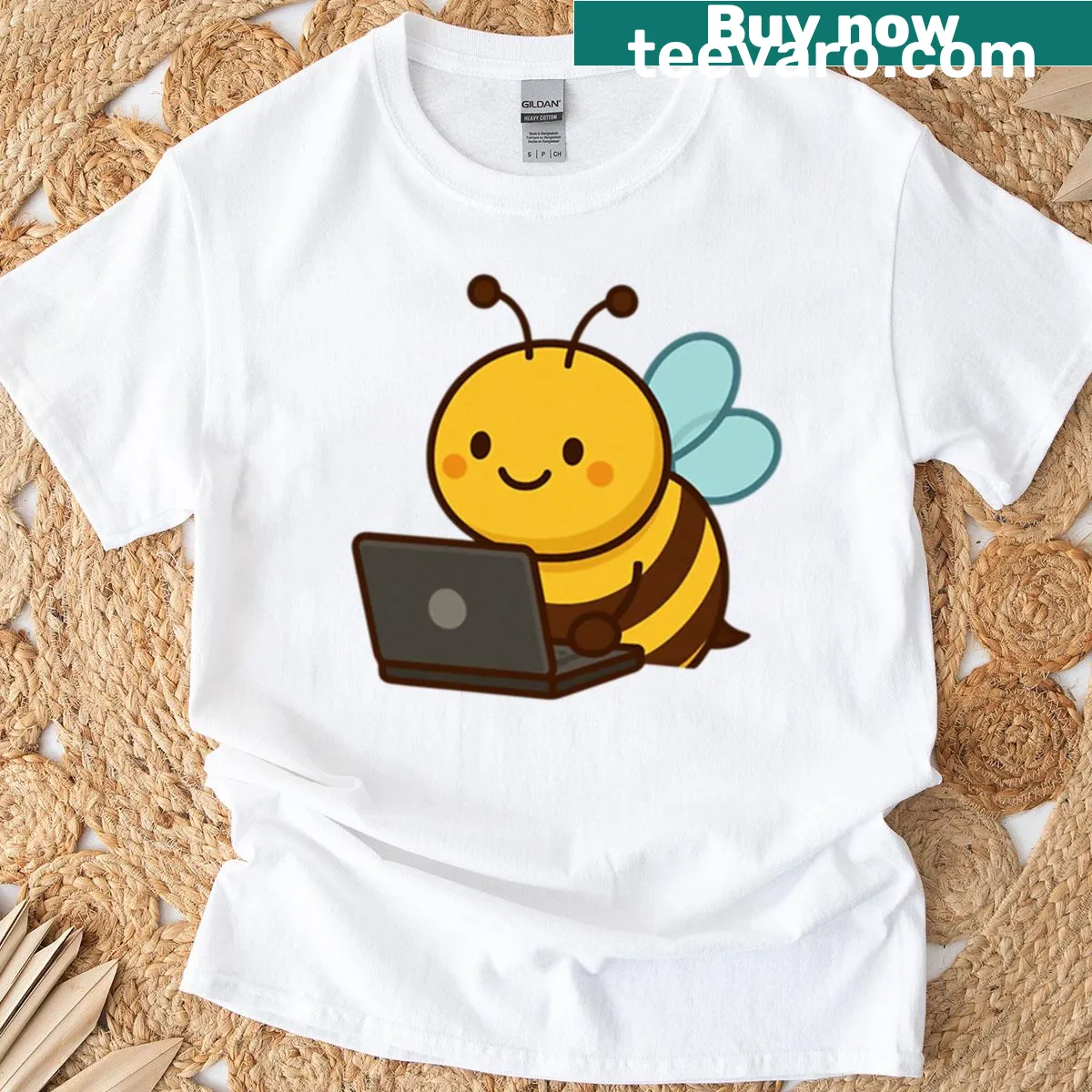Cartoon bee graphic on an oversized T-shirt — on a men's t-shirt