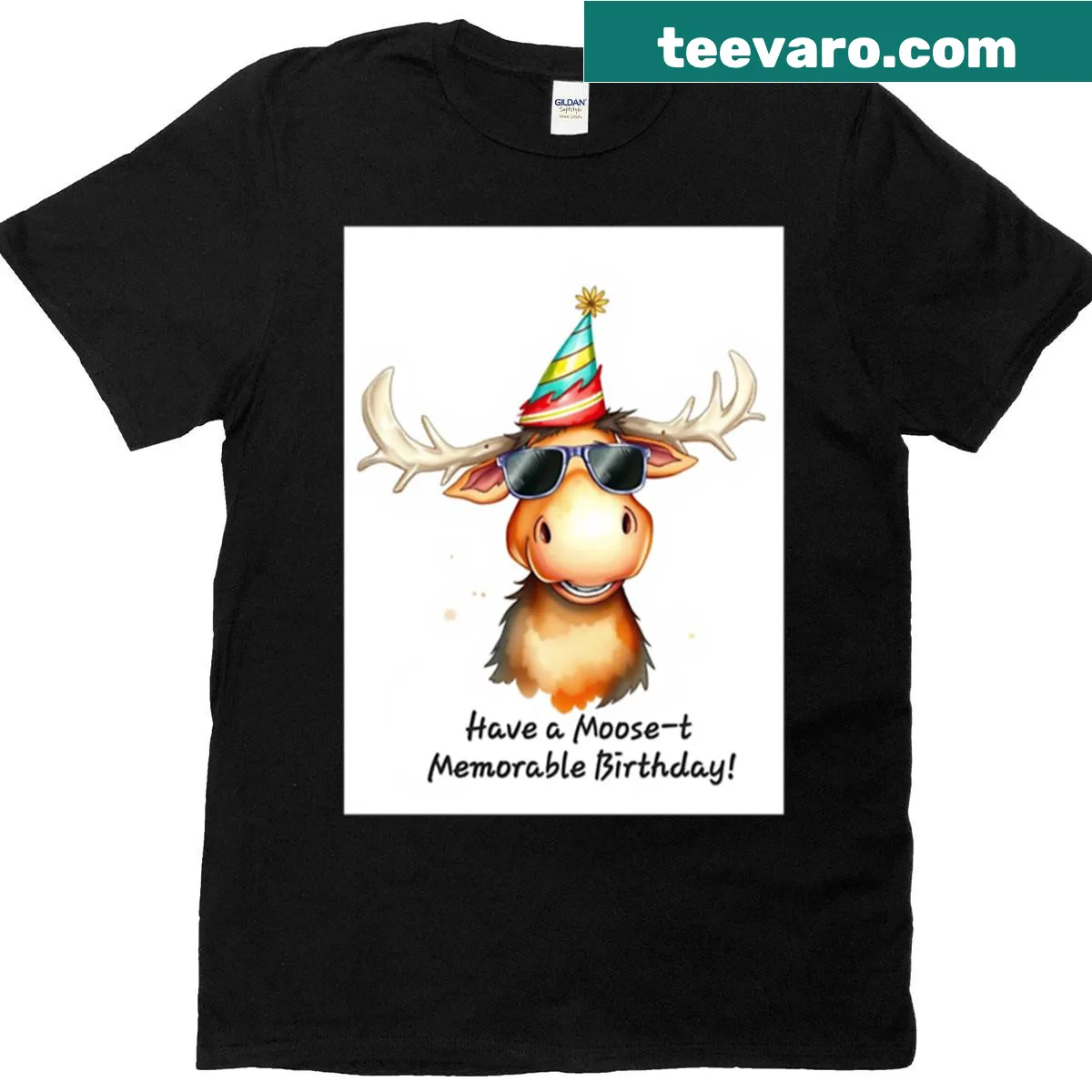 Cute birthday t-shirt with a moose and balloons in kawaii style — on a men's t-shirt