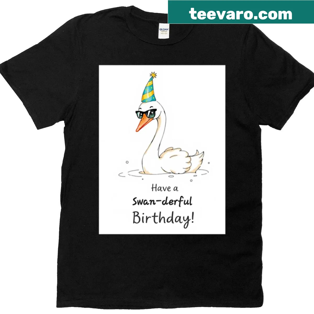 Cute birthday t-shirt with kawaii swan and balloons design — on a men's t-shirt