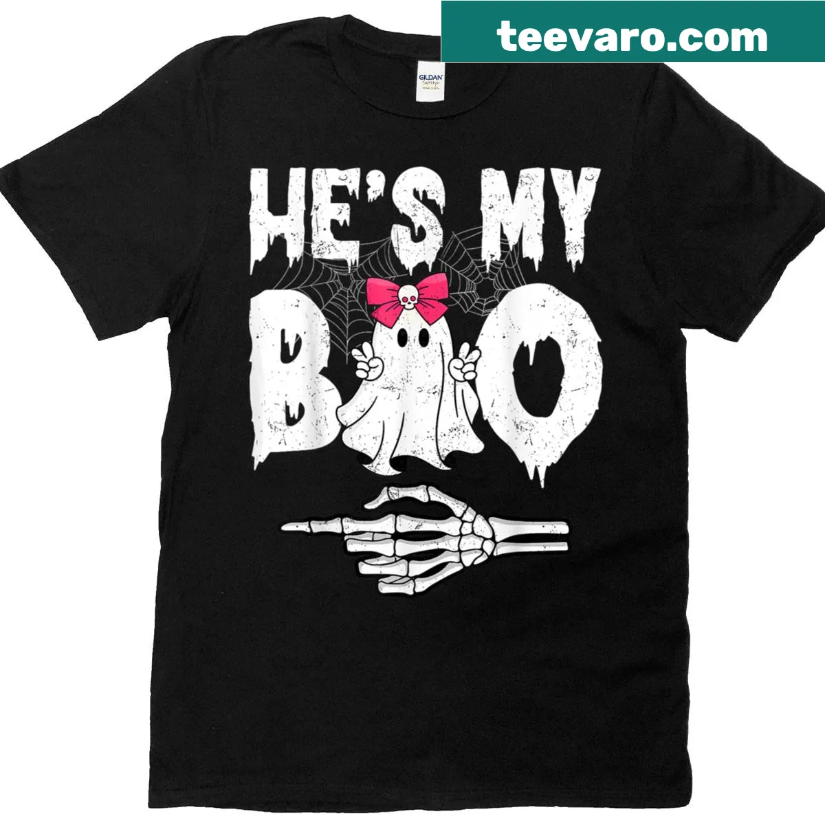 Matching Halloween shirt for couples with 'He's My Boo' text — on a men's t-shirt