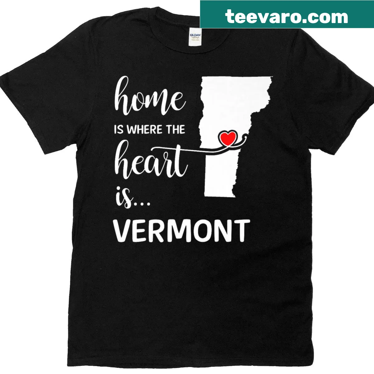 Vermont-themed t-shirt with 'Home Is Where The Heart Is' text — on a men's t-shirt