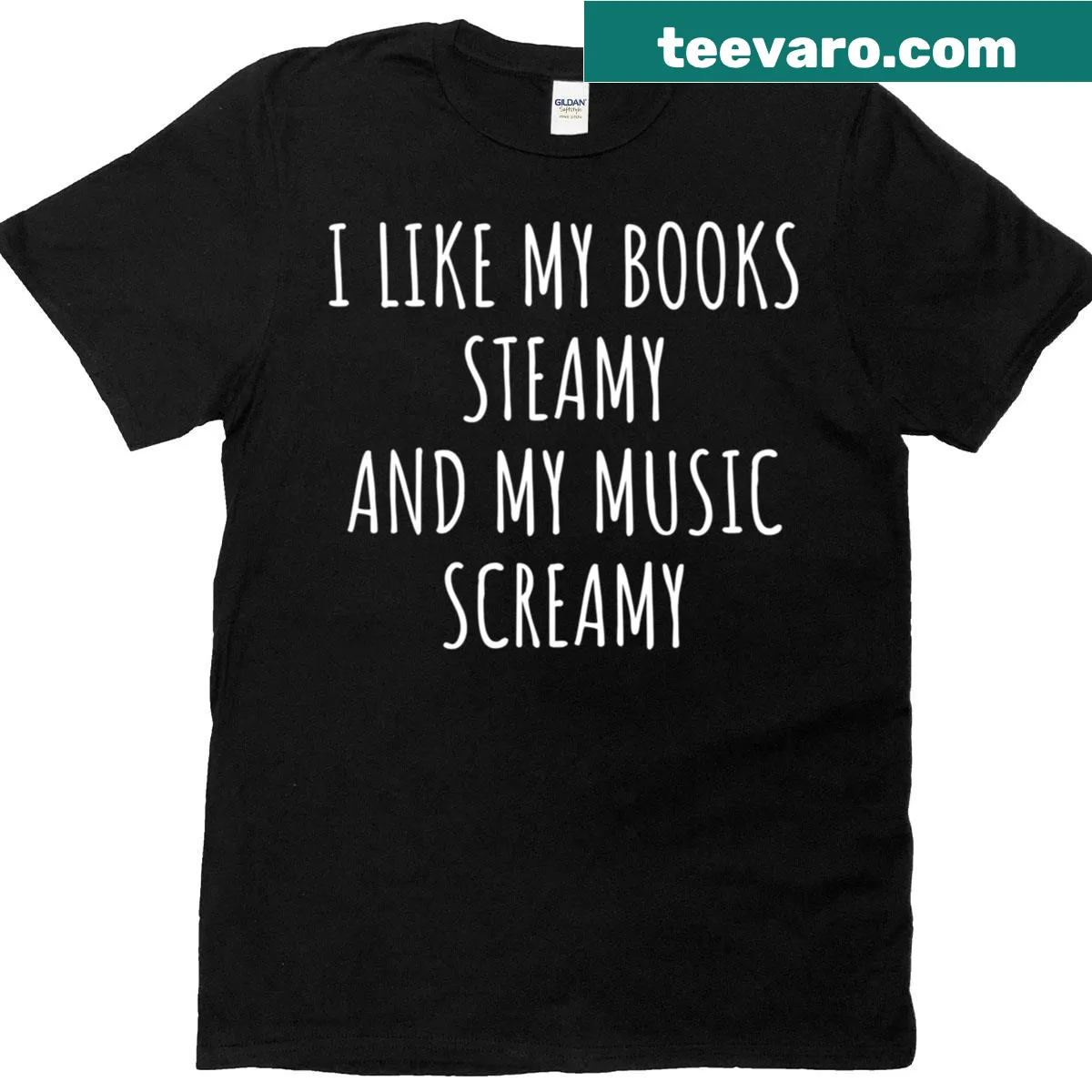 Playful typography celebrating books and music for bookworms. — on a men's t-shirt