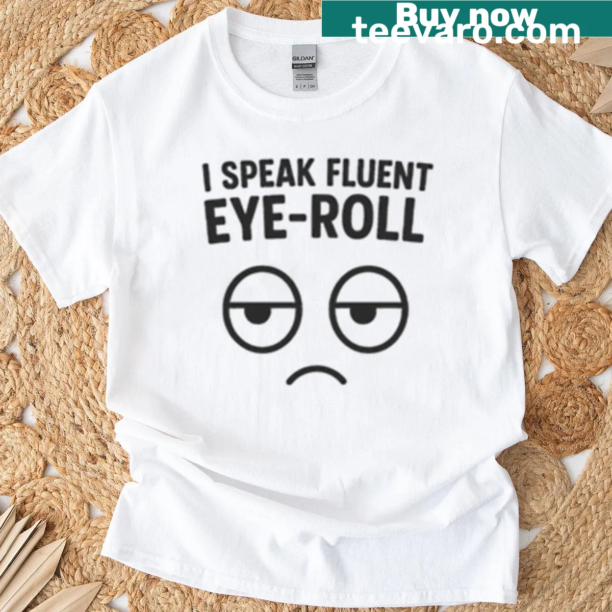 Sarcastic oversized T-shirt with eye-roll graphic — on a men's t-shirt