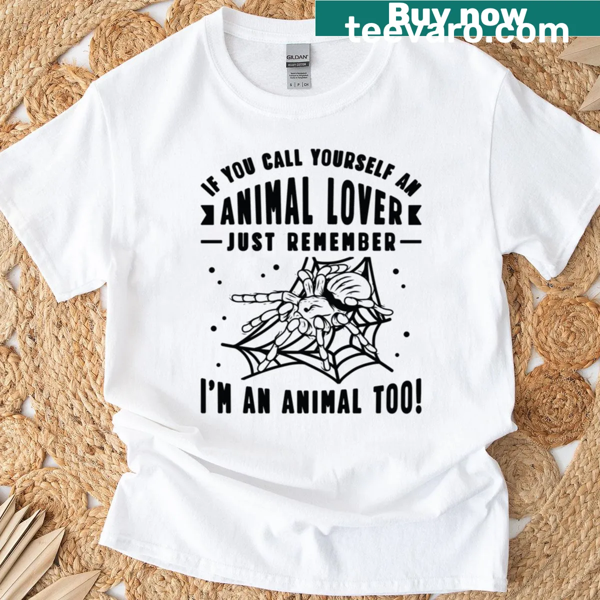 Funny cartoon t-shirt for entomologists featuring a tarantula theme — on a men's t-shirt
