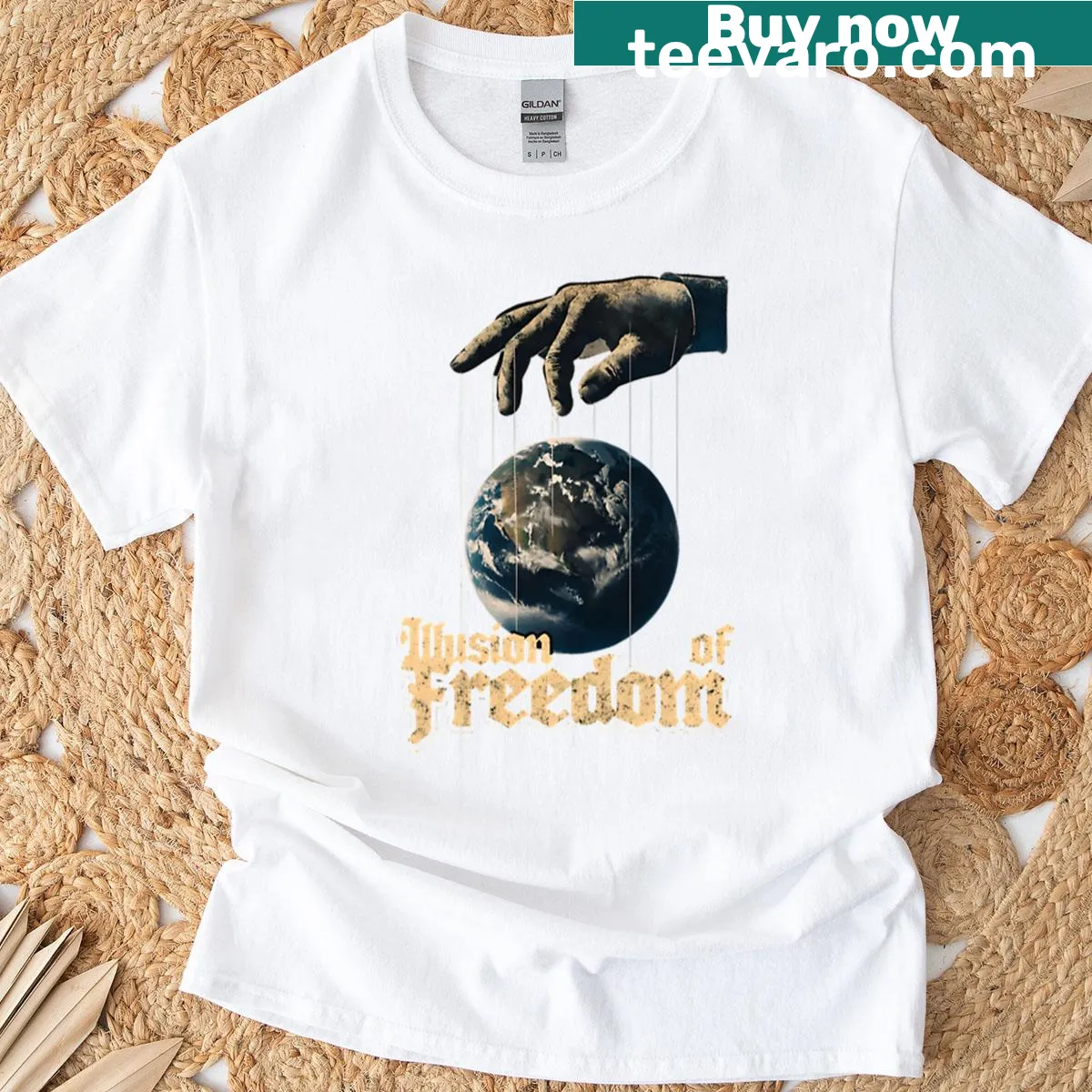 Bold oversized T-shirt with the phrase 'Illusion Of Freedom' — on a men's t-shirt