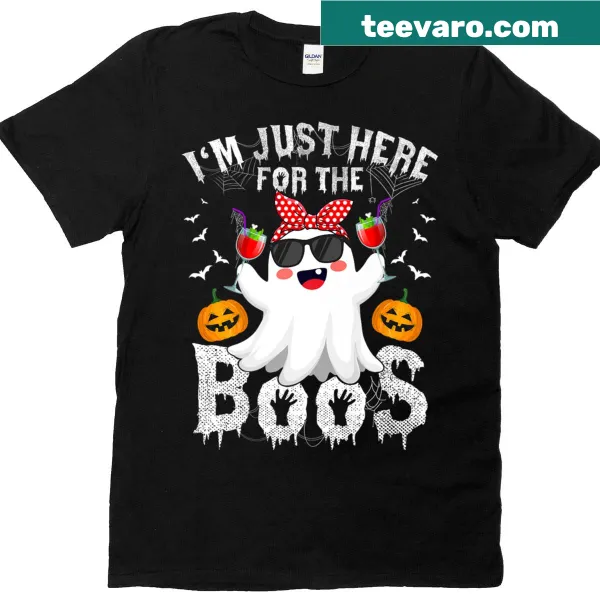 Funny Halloween T-shirt with text 'I'm Just Here for the Boos' and ghost graphic