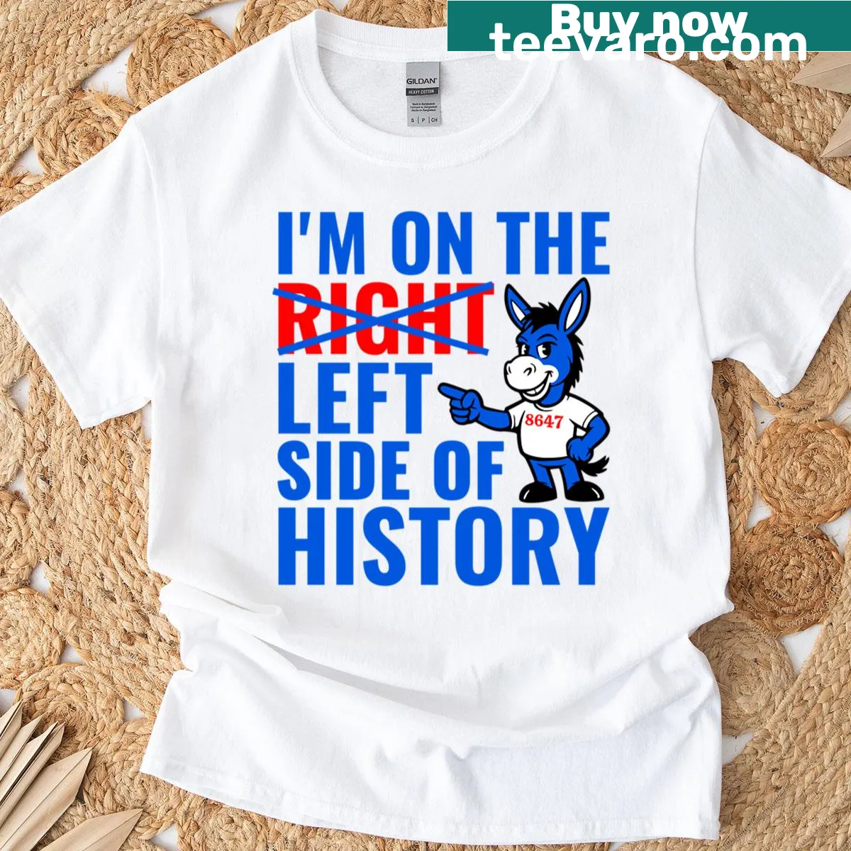 Oversized tee with 'Im On The Left Side Of History' text — on a men's t-shirt